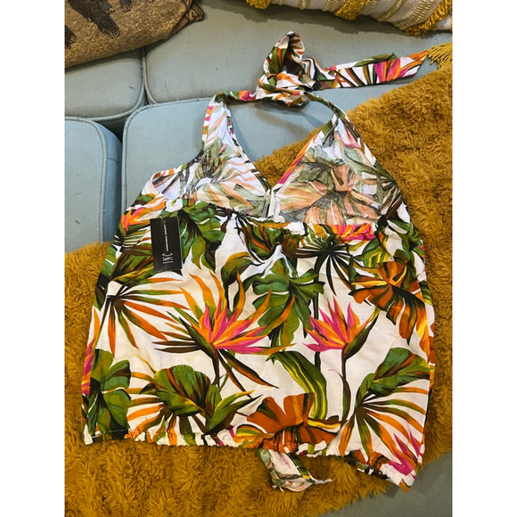 Women's INC Tropical Garden Linen Halter Top S White Green - Picture 2 of 4